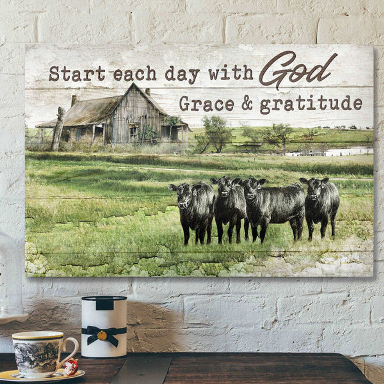 Angus Cows - Start Each Day With God Grace And Gratitude - Bible Verse Canvas - Scripture Canvas Wall Art