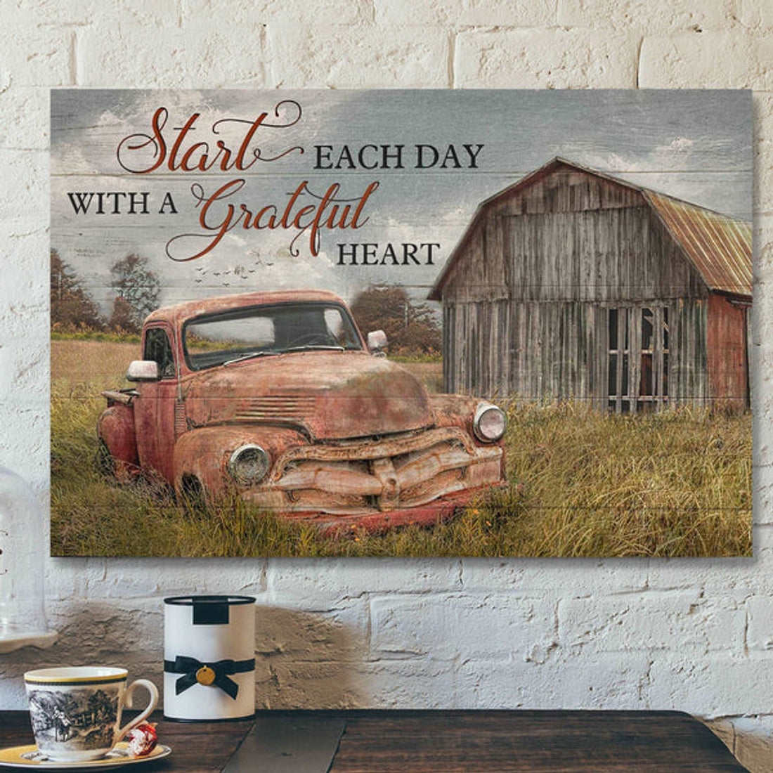 An Old Red Car - Start Each Day With Grateful Heart Canvas Wall Art - Bible Verse Canvas - Scripture Canvas Wall Art