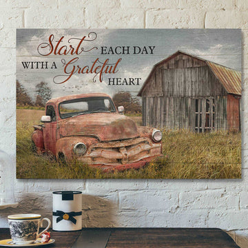 An Old Red Car - Start Each Day With Grateful Heart Canvas Wall Art - Bible Verse Canvas - Scripture Canvas Wall Art