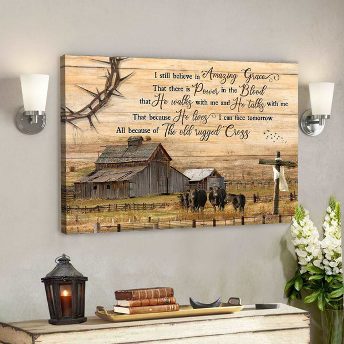 Angus Cows With Country Farm - I Still Believe In Amazing Grace - Bible Verse Canvas - Scripture Canvas Wall Art 