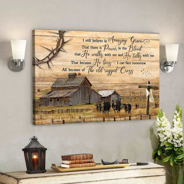 Angus Cows With Country Farm - I Still Believe In Amazing Grace - Bible Verse Canvas - Scripture Canvas Wall Art 