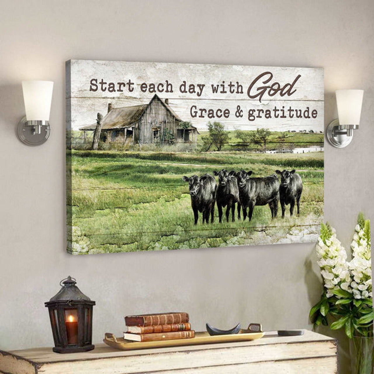 Angus Cows - Start Each Day With God Grace And Gratitude - Bible Verse Canvas - Scripture Canvas Wall Art 