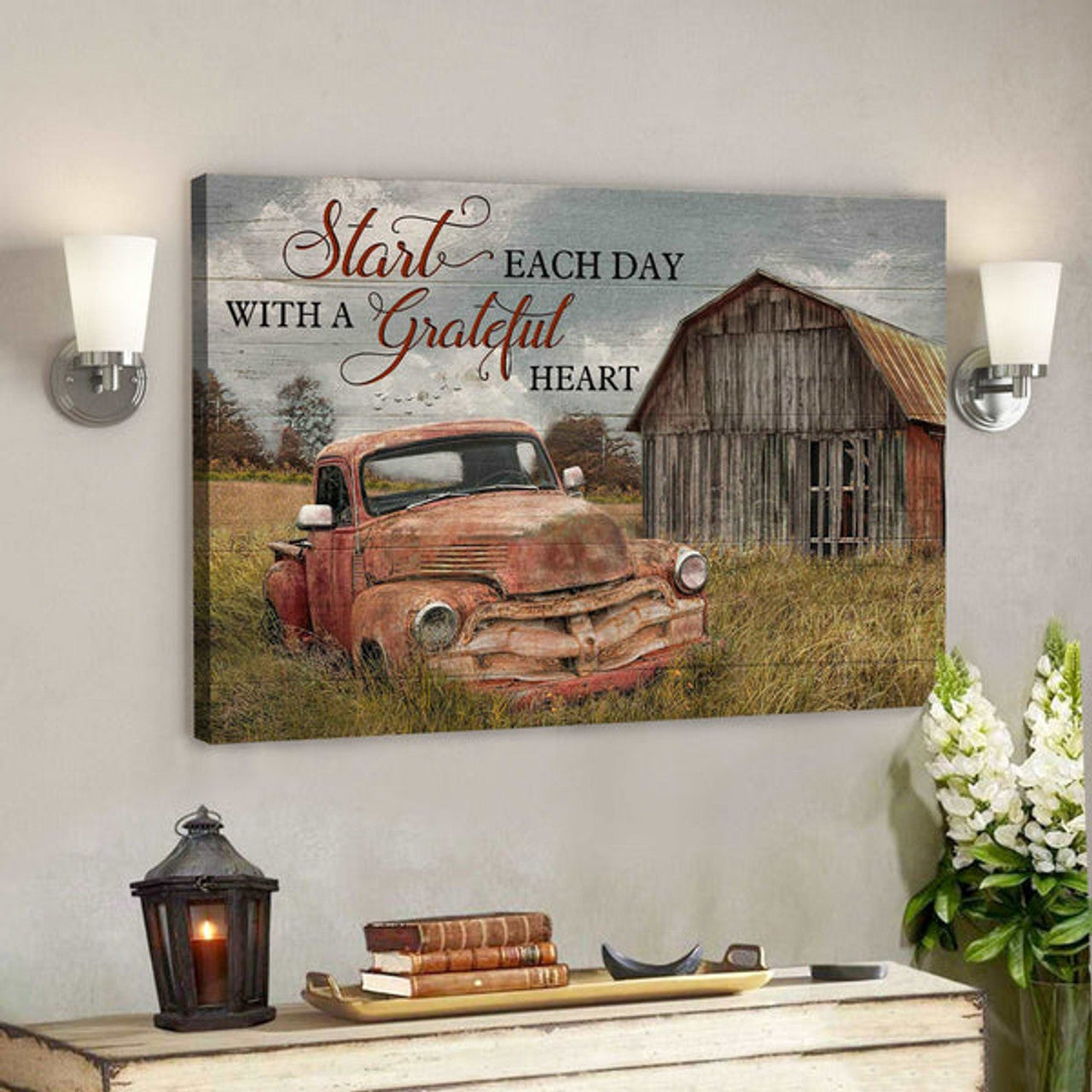 An Old Red Car - Start Each Day With Grateful Heart Canvas Wall Art - Bible Verse Canvas - Scripture Canvas Wall Art 