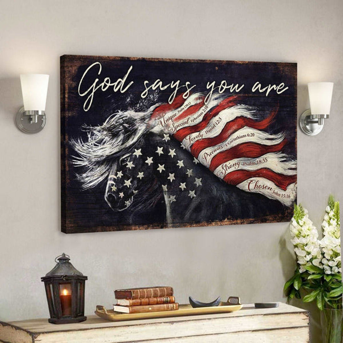 Amazing Horse And Flag - God Says You Are - Bible Verse Canvas - Scripture Canvas Wall Art 