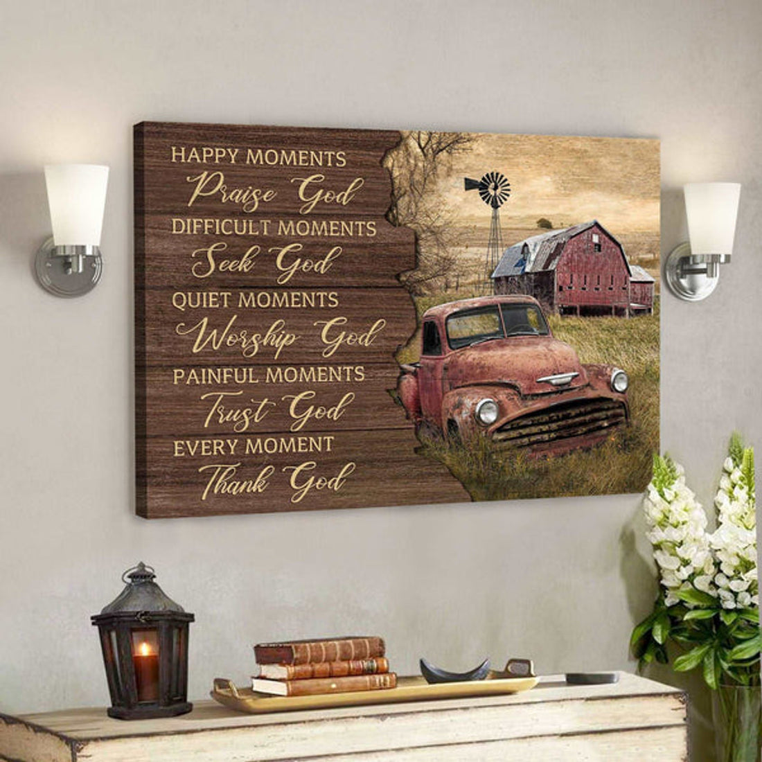 An Old Red Car - Every Moment Thank God Canvas Wall Art - Bible Verse Canvas - Scripture Canvas Wall Art 