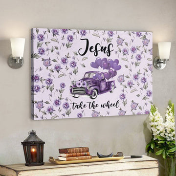 Bible Verse Canvas - Purple Jesus Take The Wheel Canvas Wall Art - Scripture Canvas Wall Art 