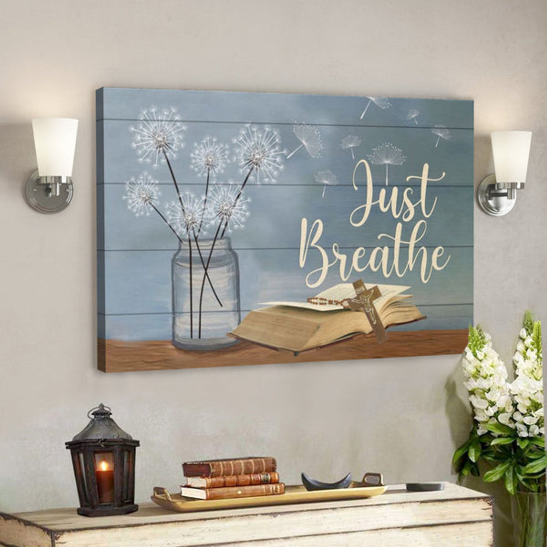 Bible Verse Canvas - Just Breathe Flower In Vase Cross On Bible Wall Art Canvas - Scripture Canvas Wall Art 