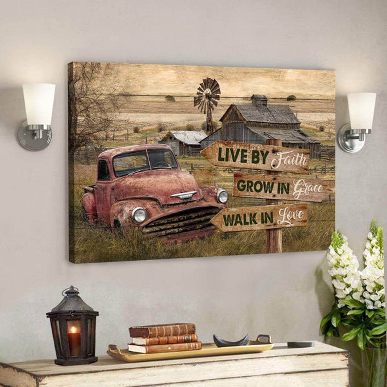 Old Car On Farm - Live By Faith - Bible Verse Canvas - Scripture Canvas Wall Art 
