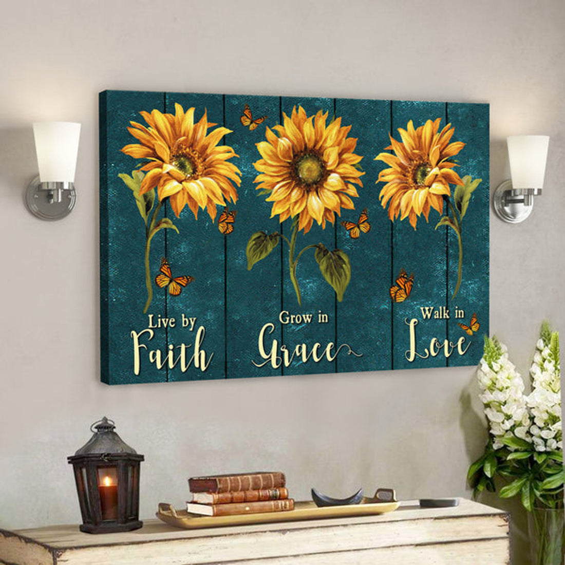 Sunflower - Faith Grace Love - Bible Verse Canvas - Scripture Canvas Wall Art 