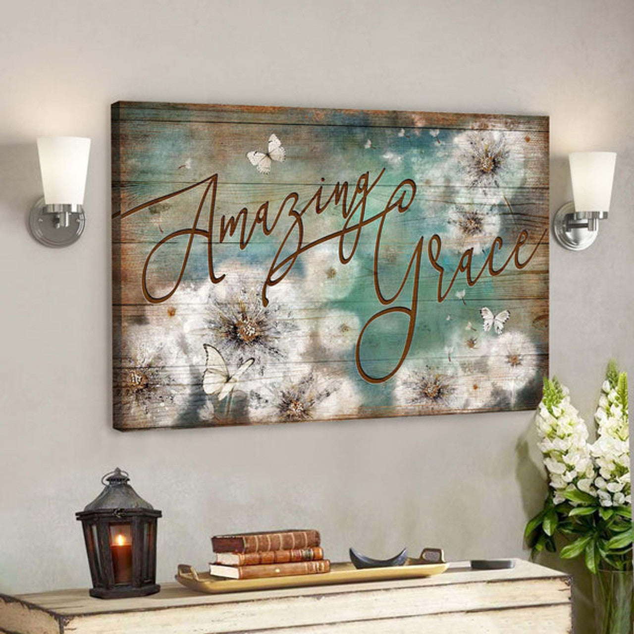 White Butterfly And Dandelion - Amazing Grace Canvas Wall Art - Bible Verse Canvas - Scripture Canvas Wall Art 
