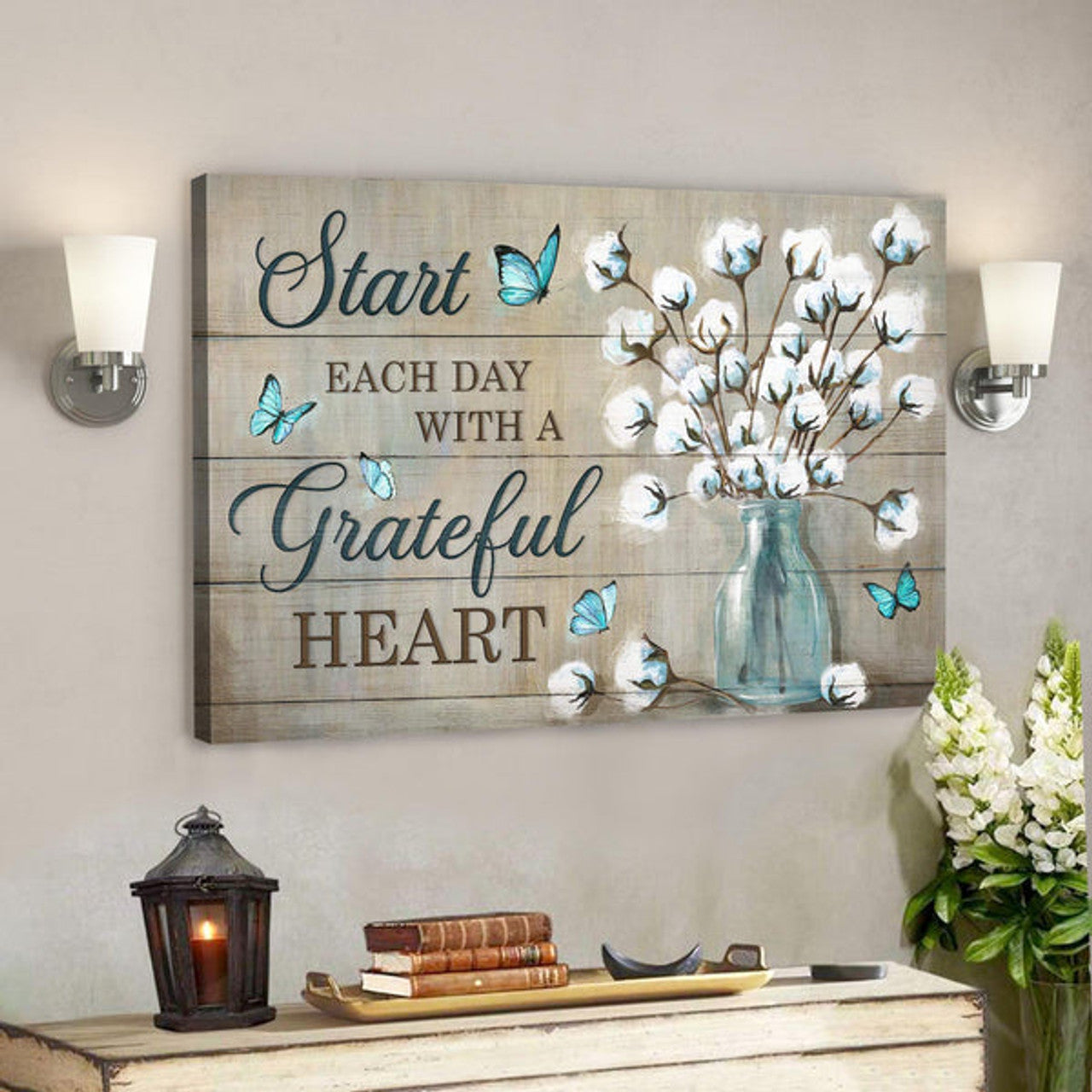 Bible Verse Canvas - Cotton Flower - Start Each Day With A Grateful Heart Canvas Wall Art 