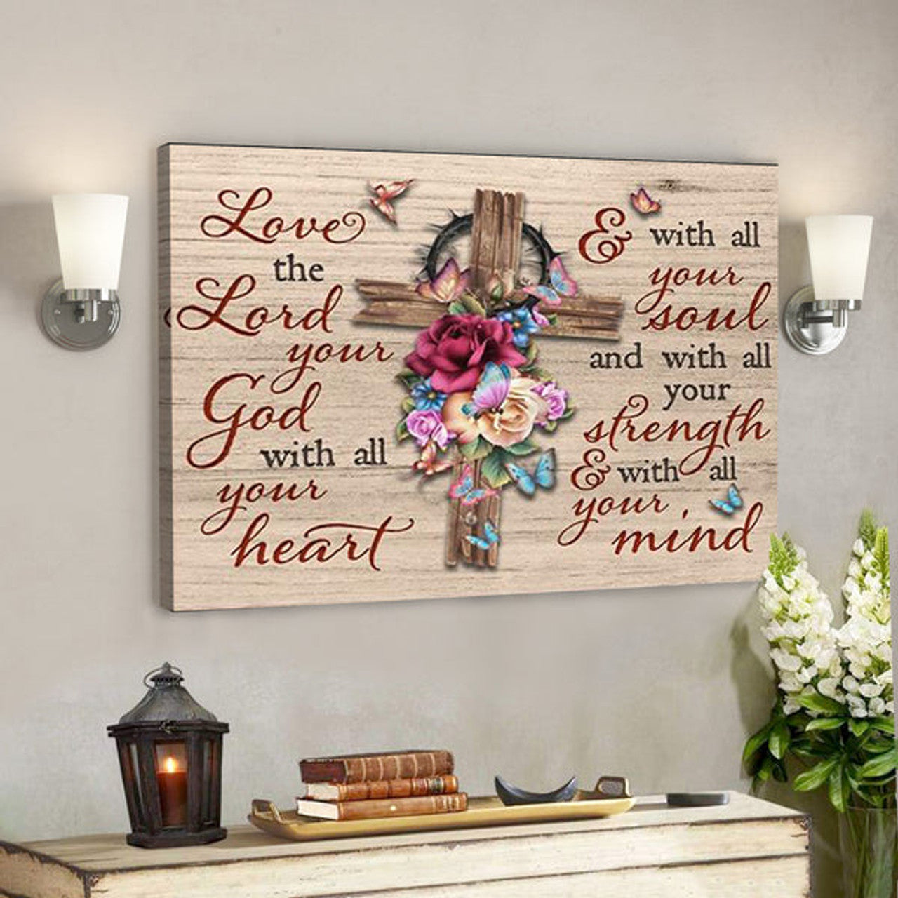 Bible Verse Canvas - Flower Cross Jesus - Love The Lord Your God - Scripture Canvas Wall Art 