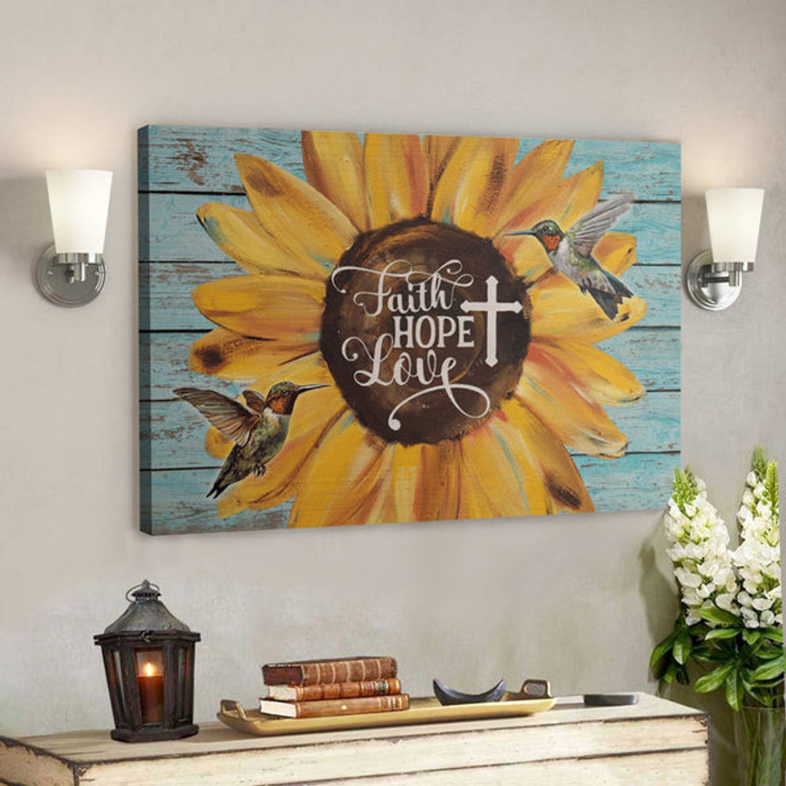 Bible Verse Wall Art Canvas - Green Hummingbird And Sunflower - Faith Love Hope Canvas 