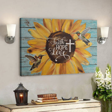 Bible Verse Wall Art Canvas - Green Hummingbird And Sunflower - Faith Love Hope Canvas 