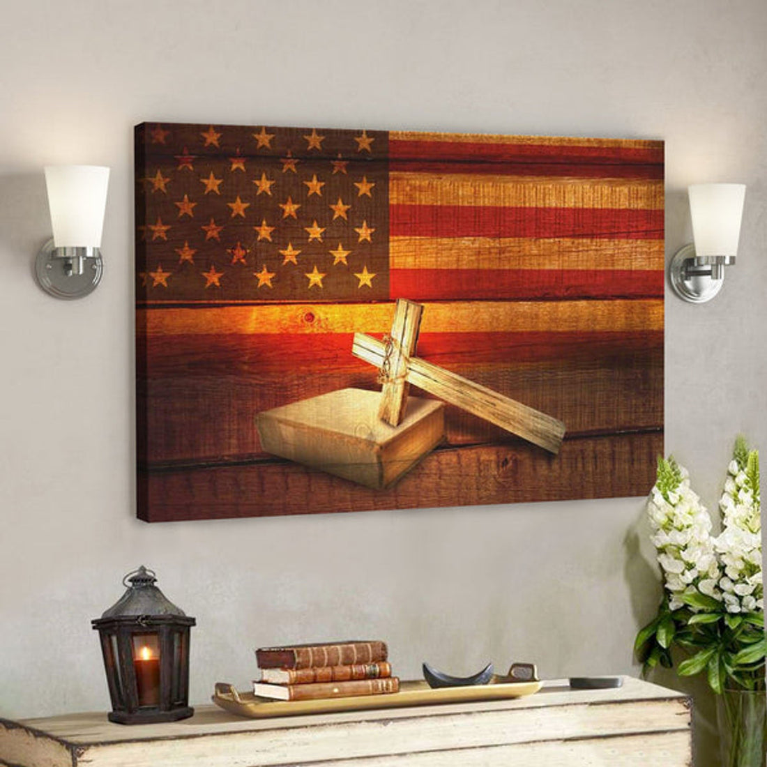 God Canvas Prints - Jesus Canvas Art - American Flag With Cross Holy Bible Canvas Print - Christian Wall Art 
