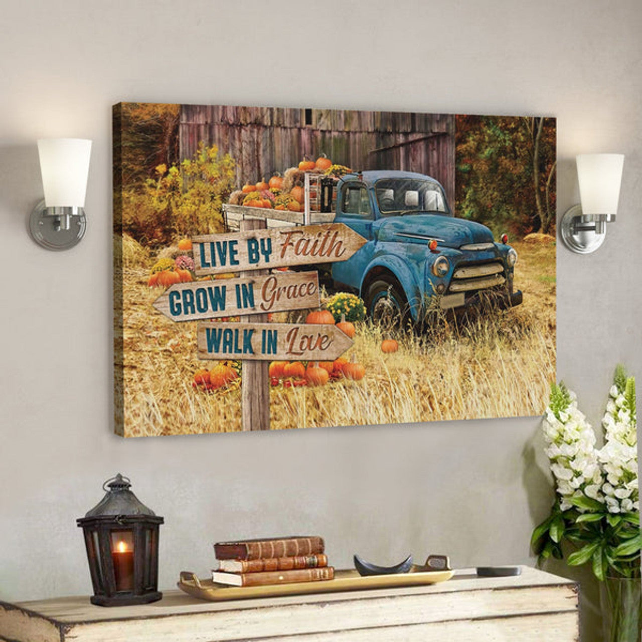 Bible Verse Canvas - Live By Faith Grow In Grace Walk In Love Thanksgiving Canvas Wall Art - Scripture Canvas Wall Art 