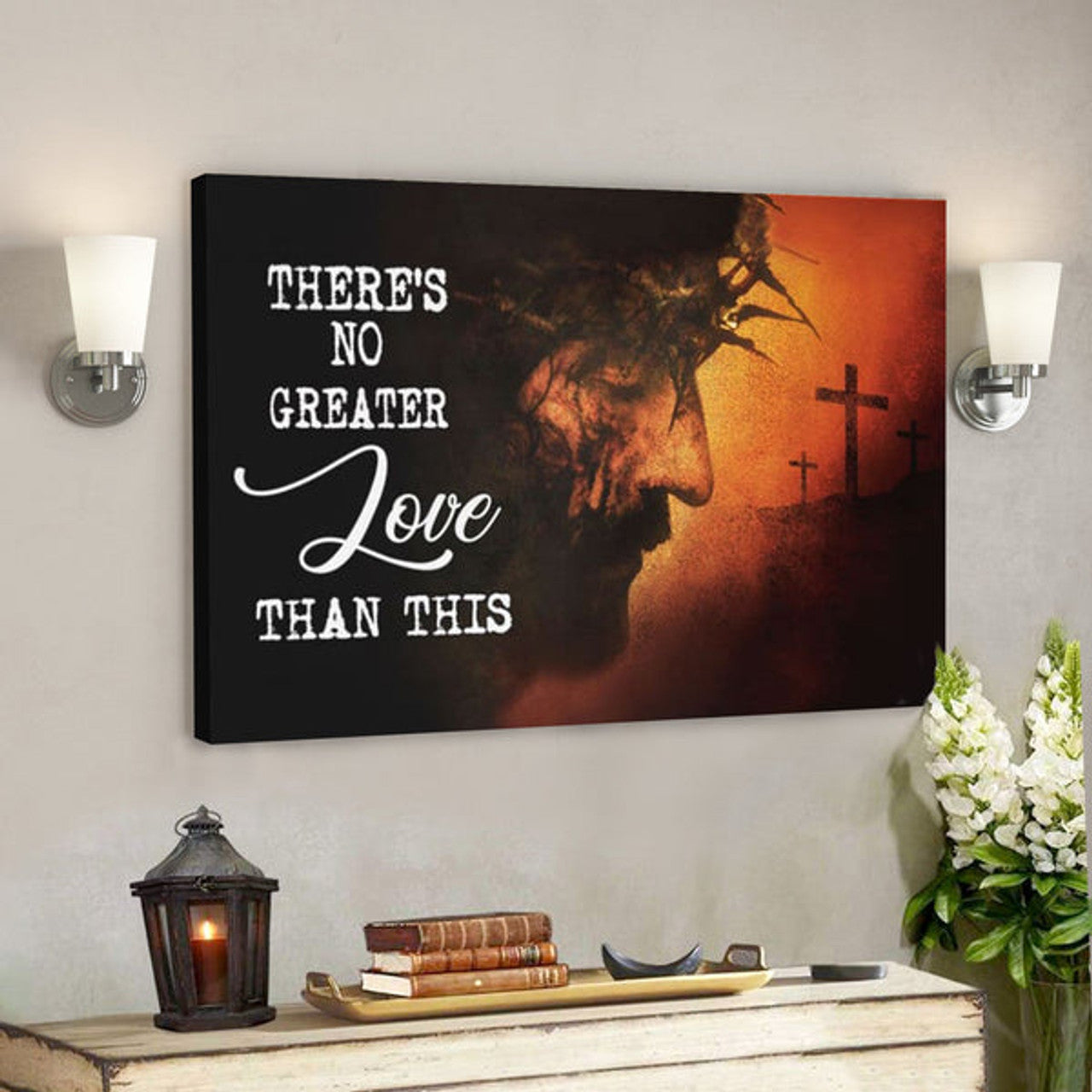 Bible Verse Canvas - Theres No Greater Love Than This Jesus Face Canvas - Scripture Canvas Wall Art 