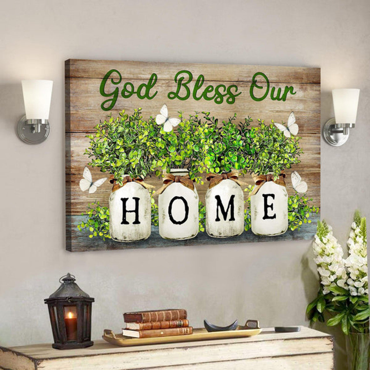 White Butterfly - God Bless Our Home Canvas Wall Art - Bible Verse Canvas 