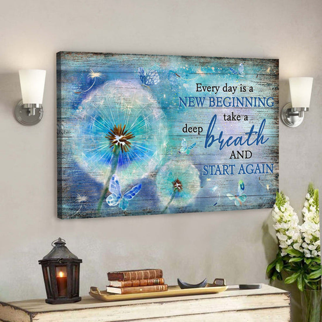 Blue Butterfly And Dandelion - Every Day Is A New Beginning Canvas Wall Art - Bible Verse Canvas - Scripture Canvas Wall Art 