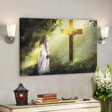 Girl Bowing Before Cross Canvas Wall Art - Bible Verse Canvas - Scripture Canvas Wall Art 