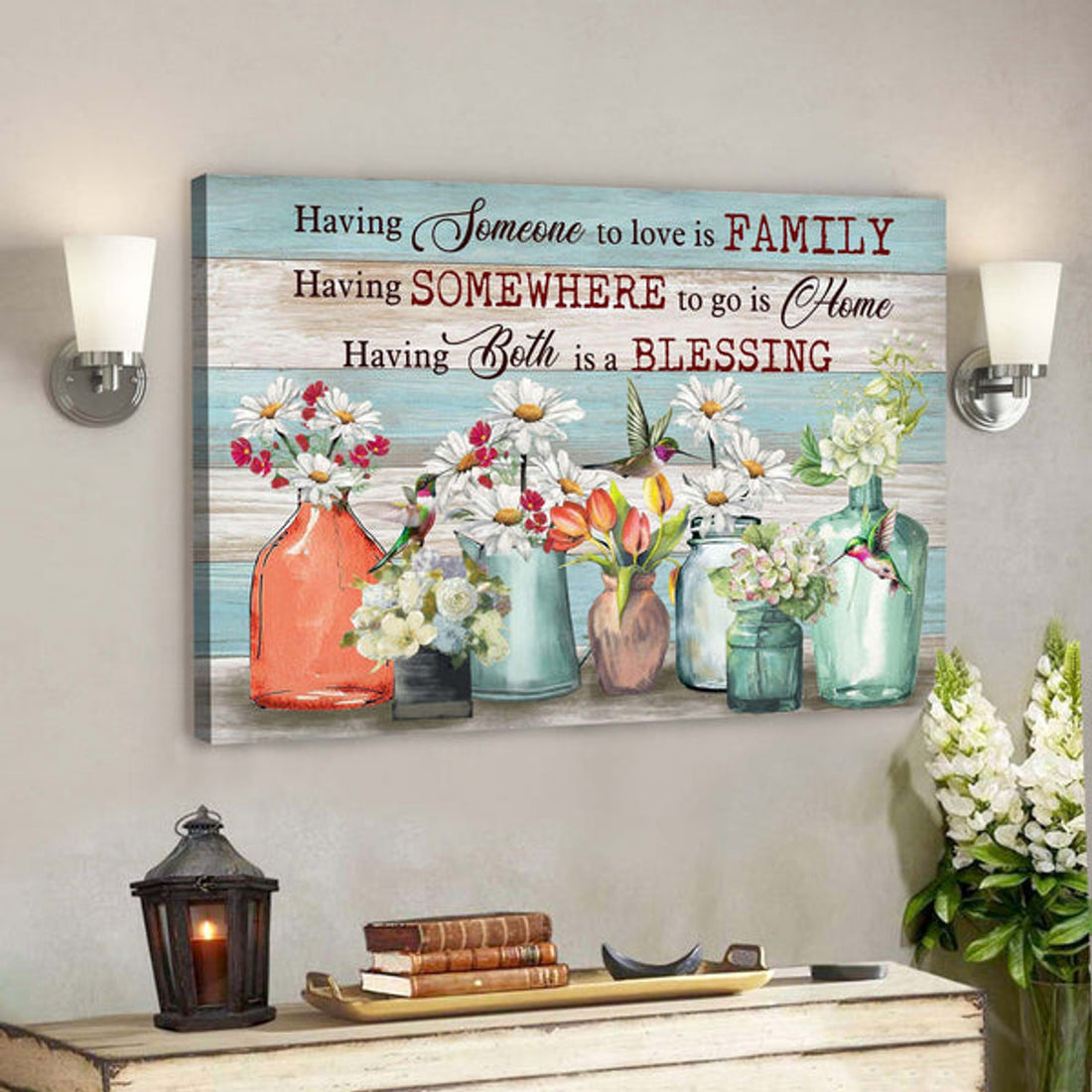Beautiful Flowers And Hummingbird - Having Both Family And Home Is A Blessing - Bible Verse Canvas - Scripture Canvas Wall Art 