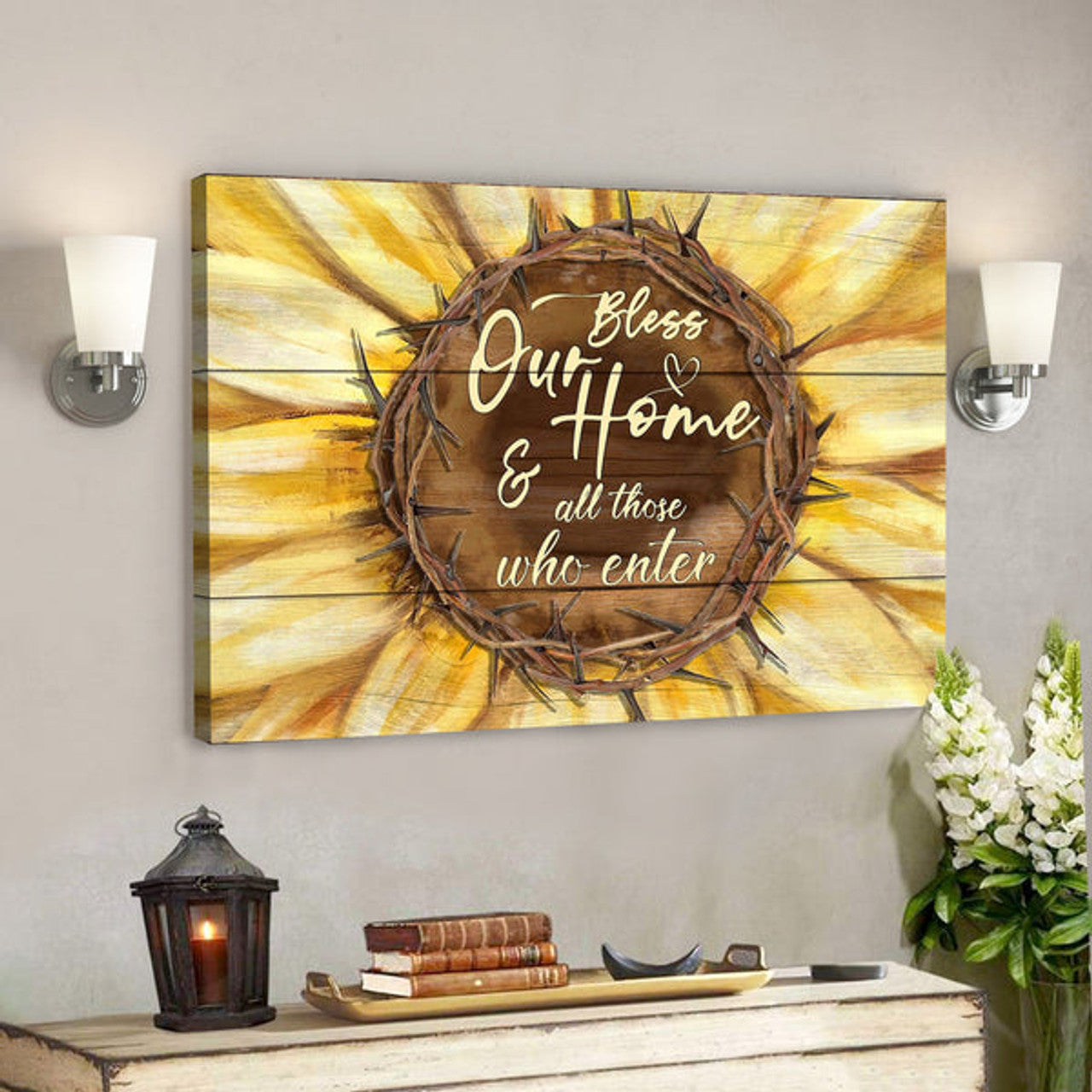 Sunflower - Bless Our Home & All Those Who Enter - Bible Verse Canvas - Scripture Canvas Wall Art 