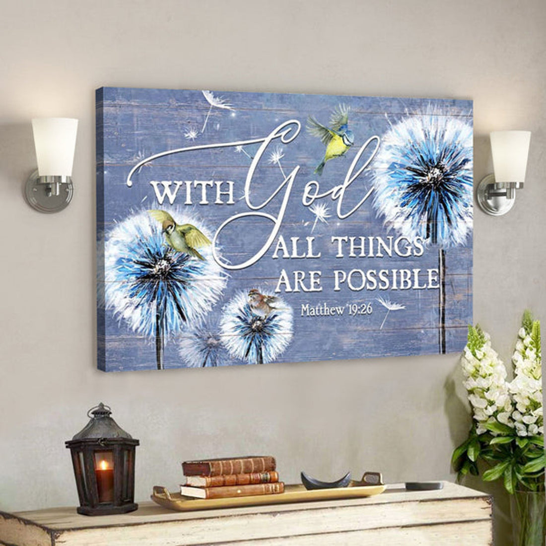 Bible Verse Canvas - With God All Things Are Possible Dandelion Sparrow Wall Art Canvas - Scripture Canvas Wall Art 