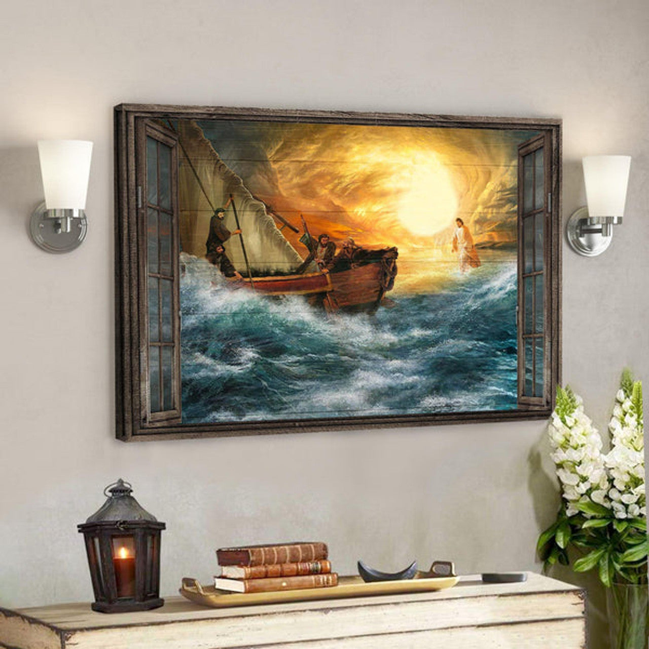 Jesus Guides Us Through Storm Canvas Wall Art - Bible Verse Canvas - Scripture Canvas Wall Art 