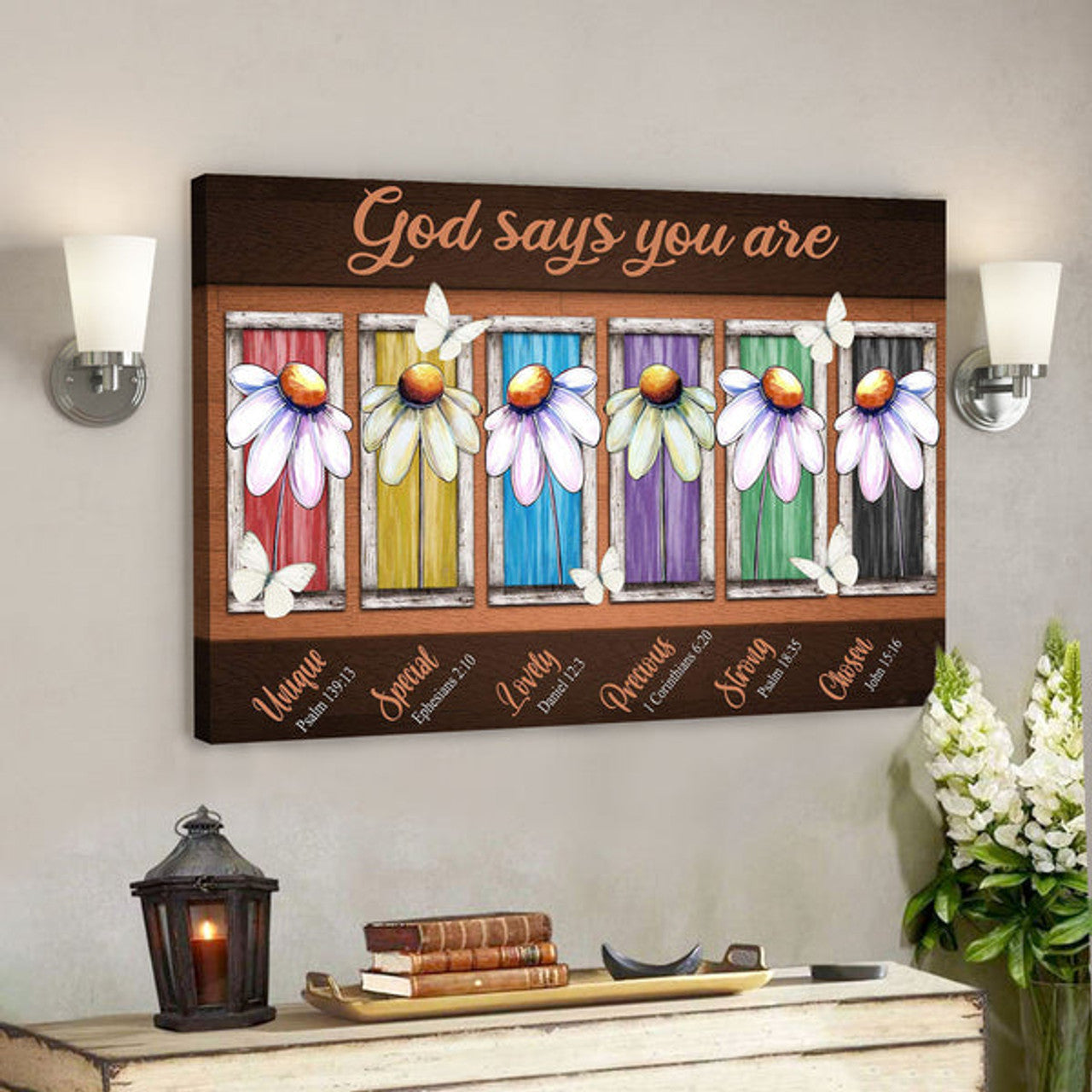 Colorful Daisy And White Butterfly - God Says You Are - Bible Verse Canvas - Scripture Canvas Wall Art 