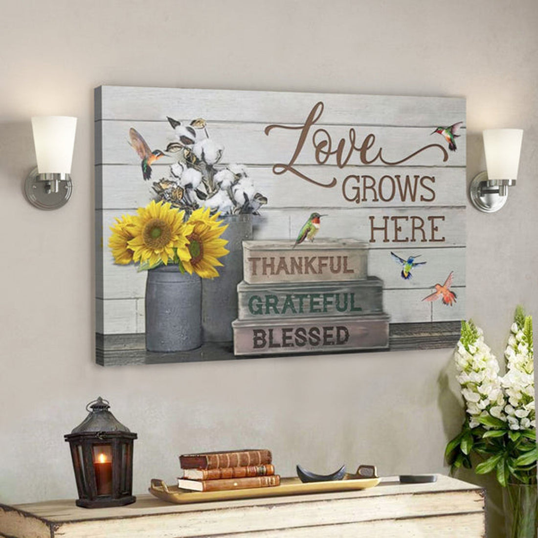 Bible Verse Canvas - Love Grows Here Thankful Grateful Blessed Wall Art Canvas - Scripture Canvas Wall Art 