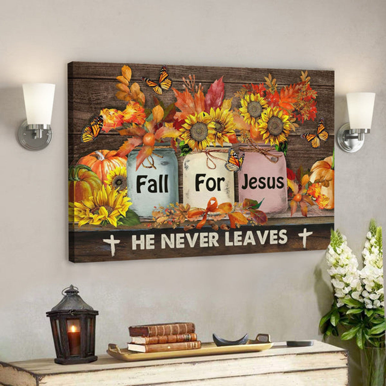 Bible Verse Canvas - Fall For Jesus He Never Leaves Autumn Pumpkin Wall Art Canvas Thanksgiving Wall Art - Scripture Canvas Wall Art 