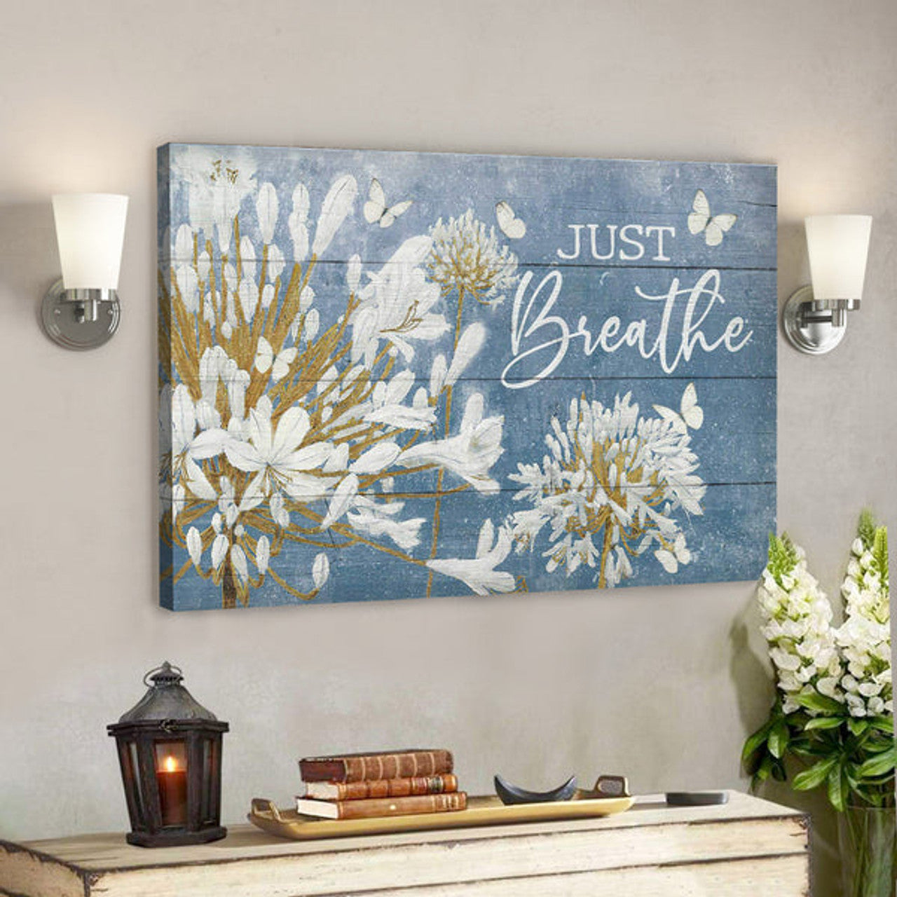 White Lily Flower With Blue Background - Just Breathe - Bible Verse Canvas - Scripture Canvas Wall Art 