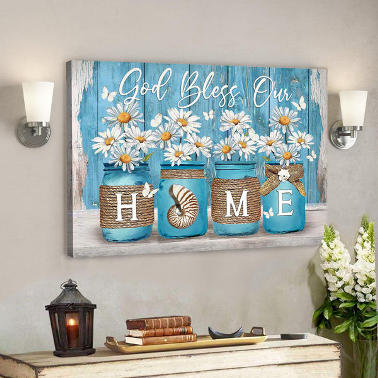 Daisy Jar On Blue Background - God Bless Our Home Canvas Wall Art - Bible Verse Canvas - Scripture Canvas Wall Art 