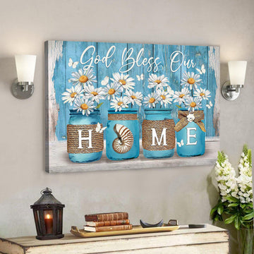 Daisy Jar On Blue Background - God Bless Our Home Canvas Wall Art - Bible Verse Canvas - Scripture Canvas Wall Art 