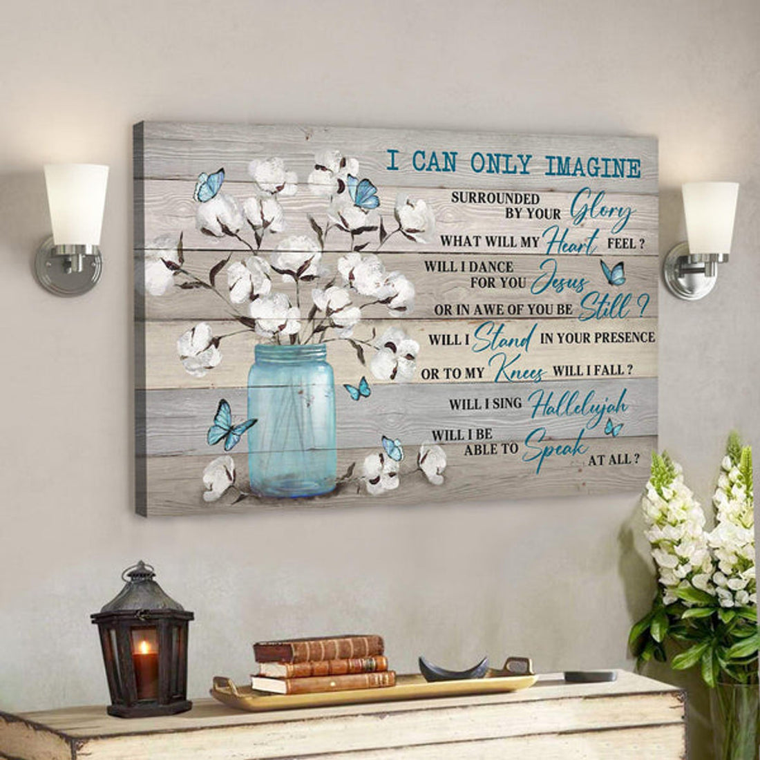 Bible Verse Canvas - Cotton Flower Jar - I Can Only Imagine Canvas Wall Art 