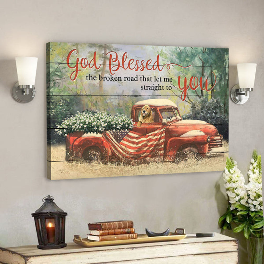 Vintage Car Carrying Daisies And Dog - God Blessed The Broken Road - Bible Verse Canvas - Scripture Canvas Wall Art 