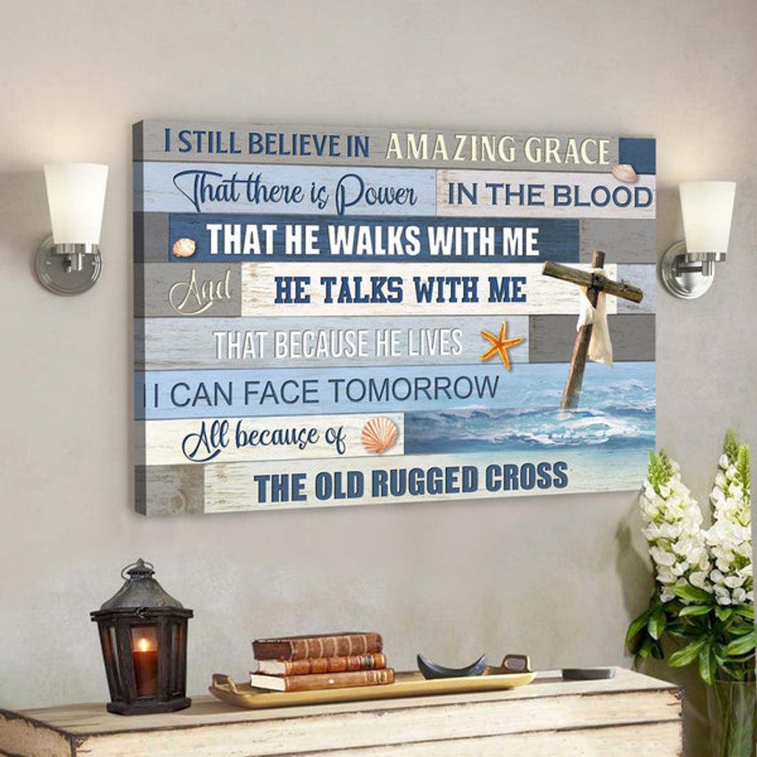 The Cross On The Ocean - I Still Believe In Amazing Grace Canvas Wall Art - Bible Verse Canvas - Scripture Canvas Wall Art 
