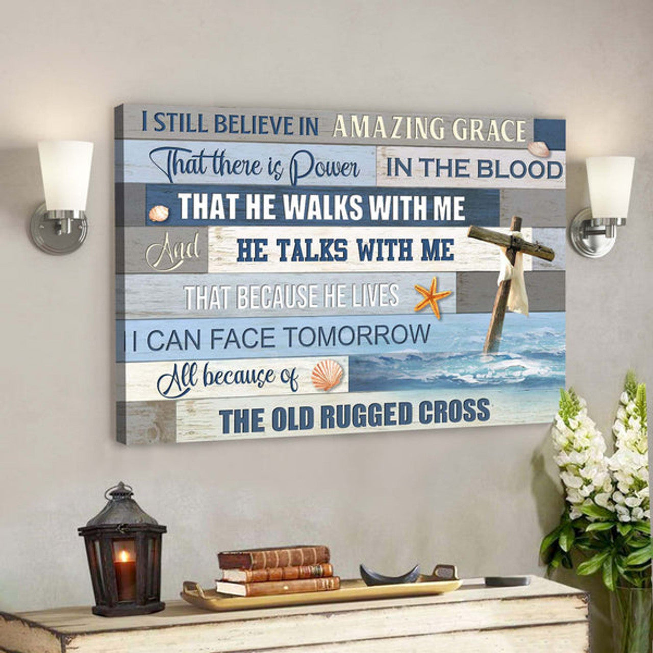 The Cross On The Ocean - I Still Believe In Amazing Grace Canvas Wall Art - Bible Verse Canvas - Scripture Canvas Wall Art 
