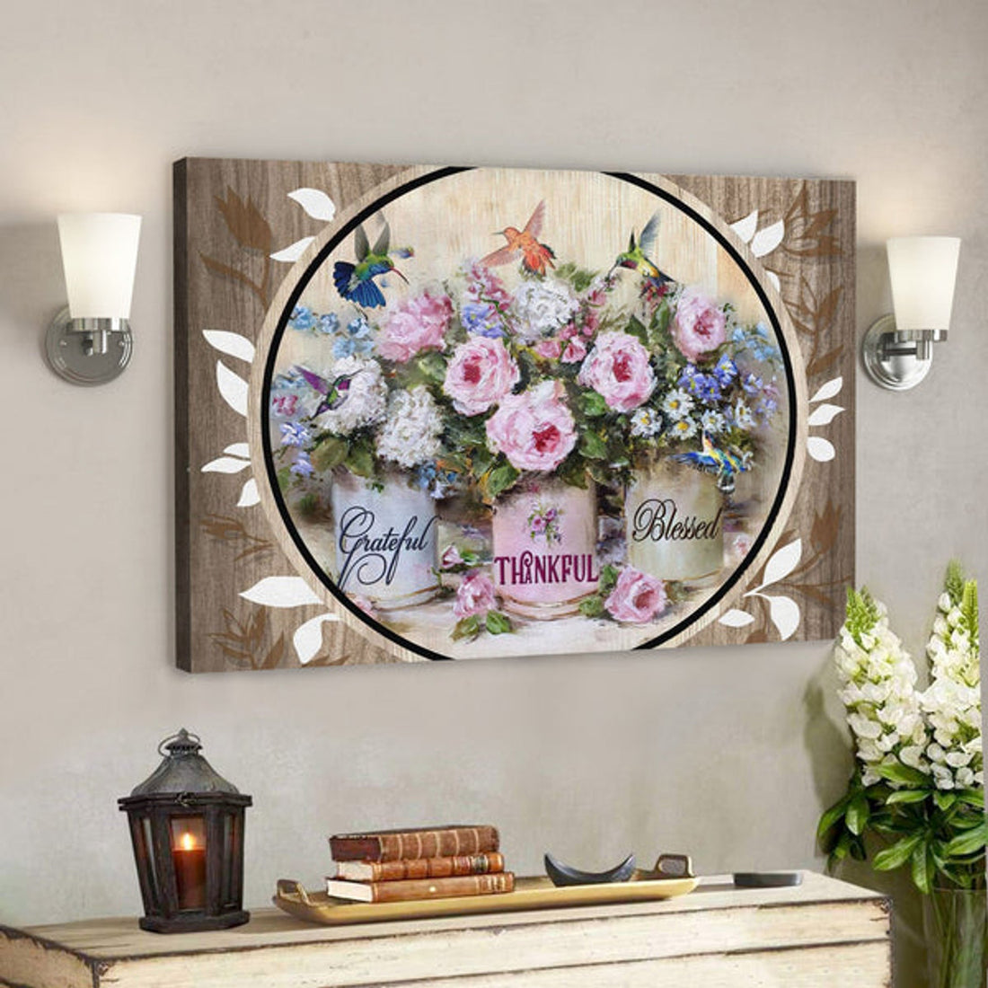 Bible Verse Canvas - Grateful Thankful Blessed Hummingbird Flowers Canvas - Scripture Canvas Wall Art 