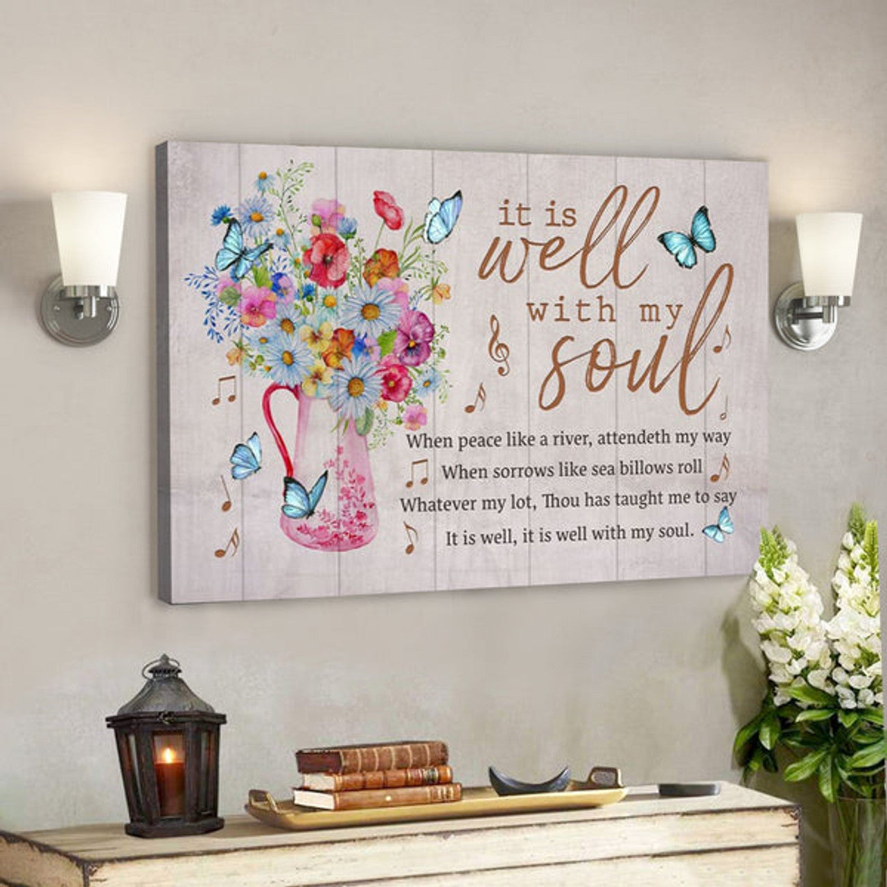 Bible Verse Canvas - It Is Well With My Soul Butterfly Floral Canvas Wall Art - Scripture Canvas Wall Art 