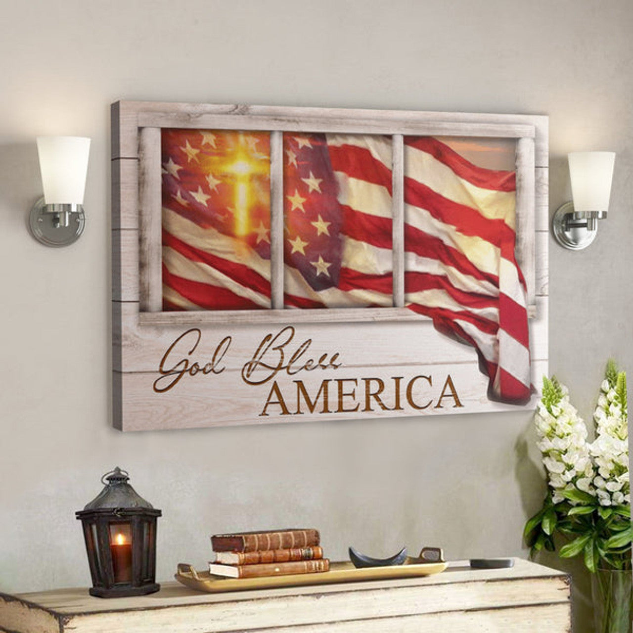Bible Verse Wall Art Canvas - Cross Of Light - God Bless America Canvas 