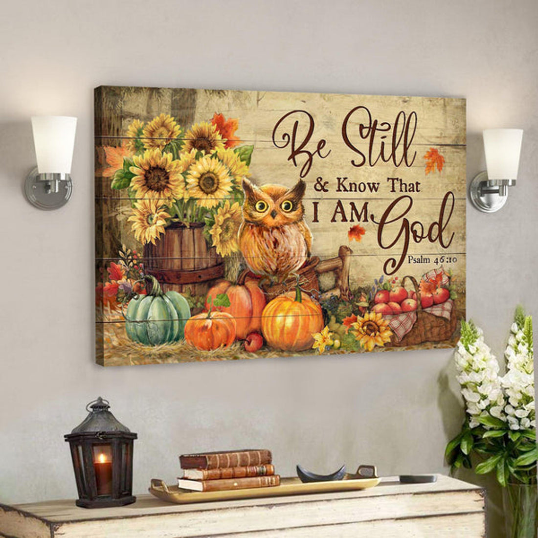 Owl With Pumpkins - Be Still And Know That I Am God Canvas Wall Art - Bible Verse Canvas - Scripture Canvas Wall Art 