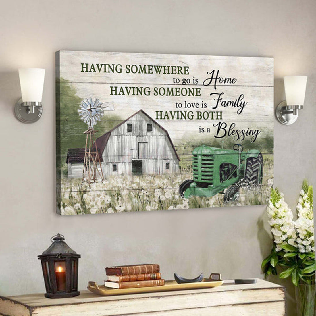 Green Tractor - Having Somewhere To Go Is Home Canvas Wall Art - Bible Verse Canvas - Scripture Canvas Wall Art 