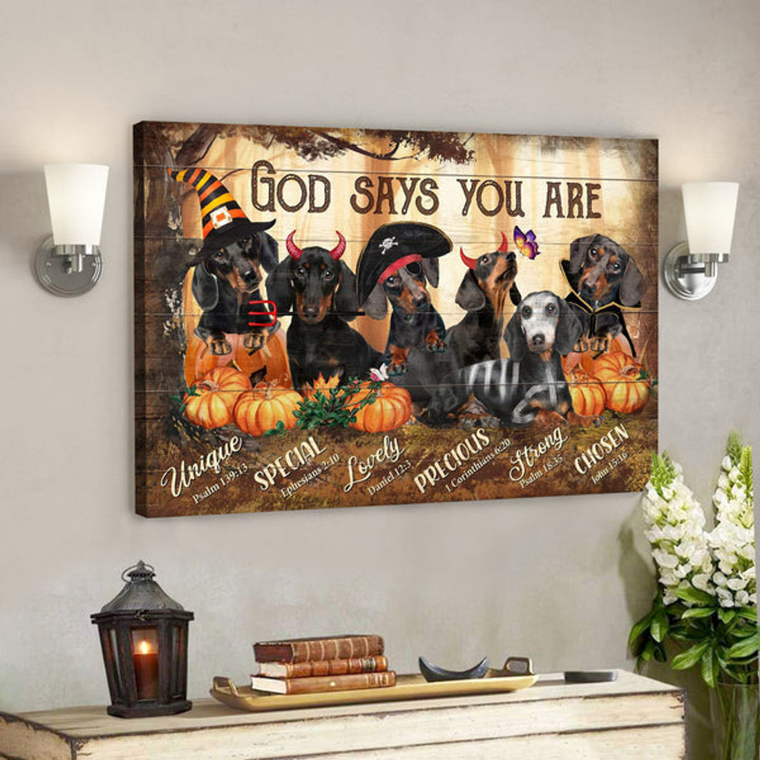 God Says You Are - Dachshunds In Halloween Costumes Canvas Wall Art - Bible Verse Canvas 