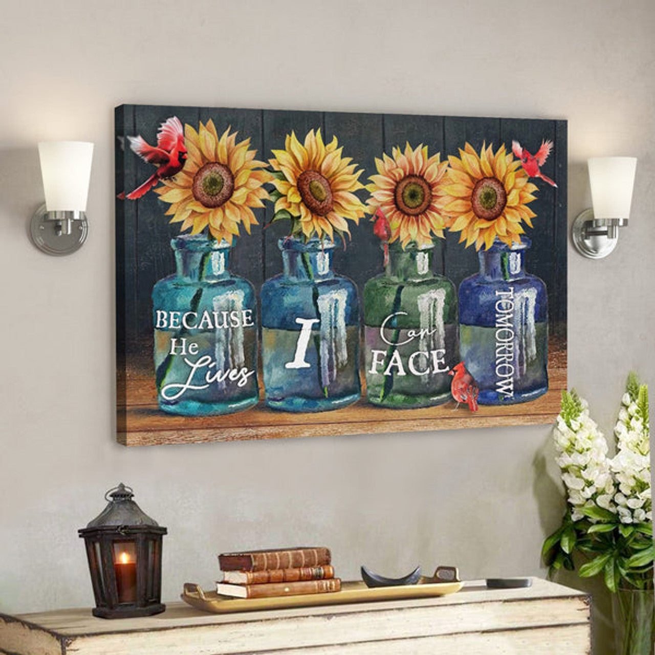 Bible Verse Canvas - Because He Lives I Can Face Tomorrow Christian Canvas Wall Art - Scripture Canvas Wall Art 