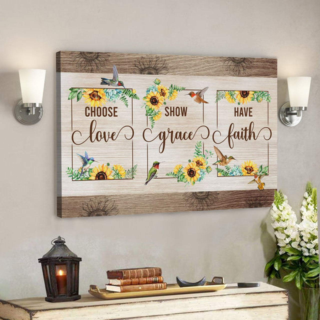 Bible Verse Canvas - Choose Love Show Grace Have Faith Hummingbird Sunflower Wall Art Canvas - Scripture Canvas Wall Art 