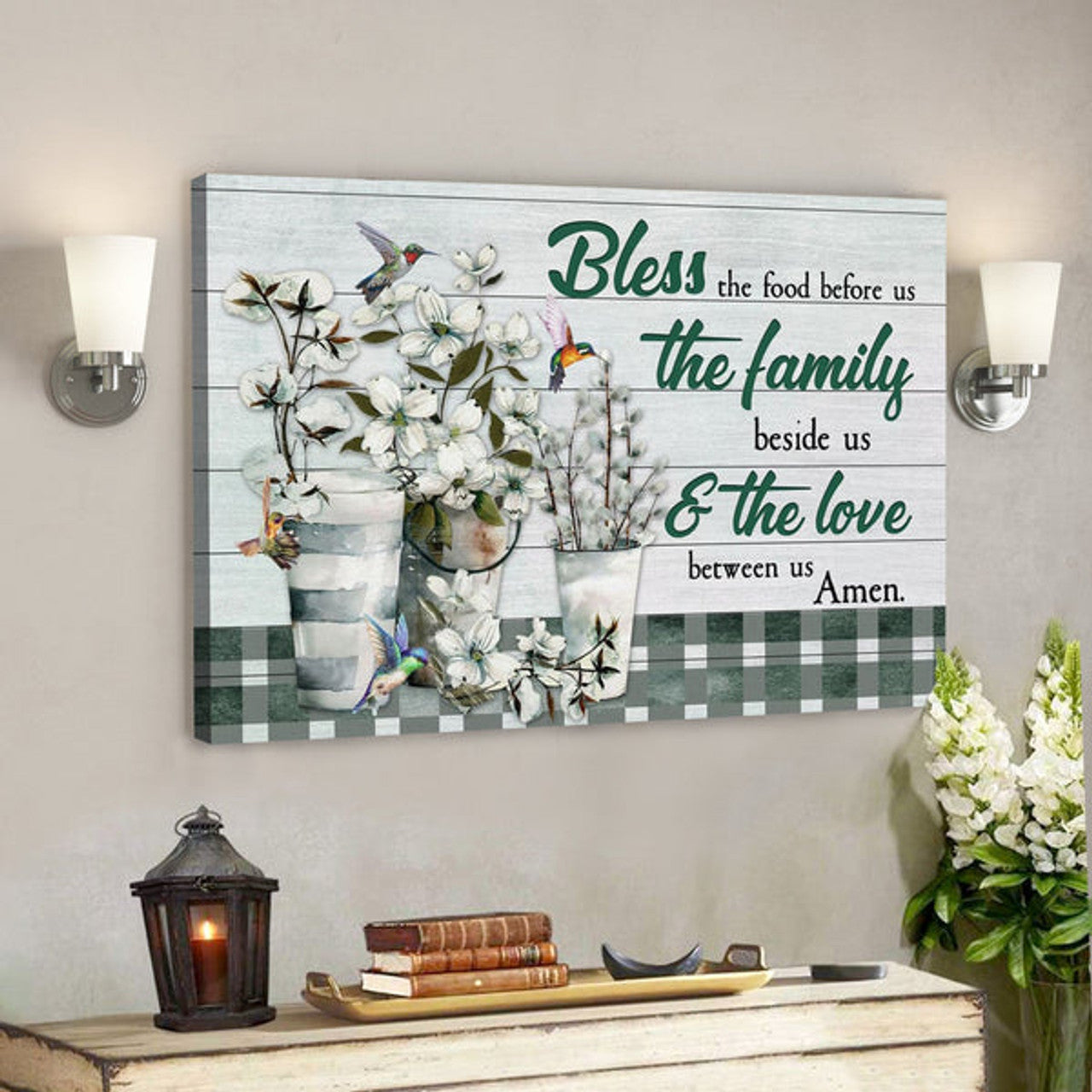 Bible Verse Canvas - Bless The Food Before Us Floral Canvas Print - Scripture Canvas Wall Art 