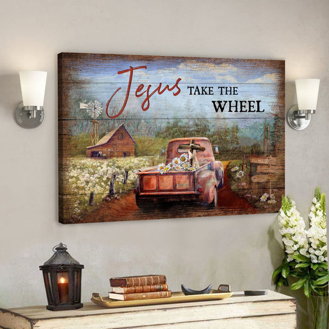 Truck On Farm - Jesus Take The Wheel - Bible Verse Canvas - Scripture Canvas Wall Art 