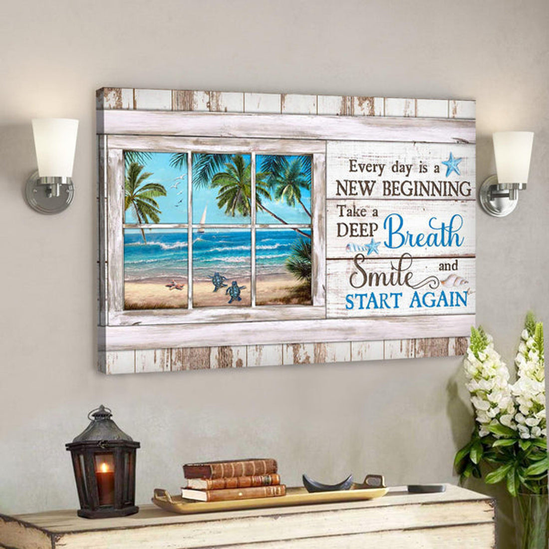 Turtle With Beach Landscape - Everyday Is A New Beginning Canvas Wall Art - Bible Verse Canvas - Scripture Canvas Wall Art 