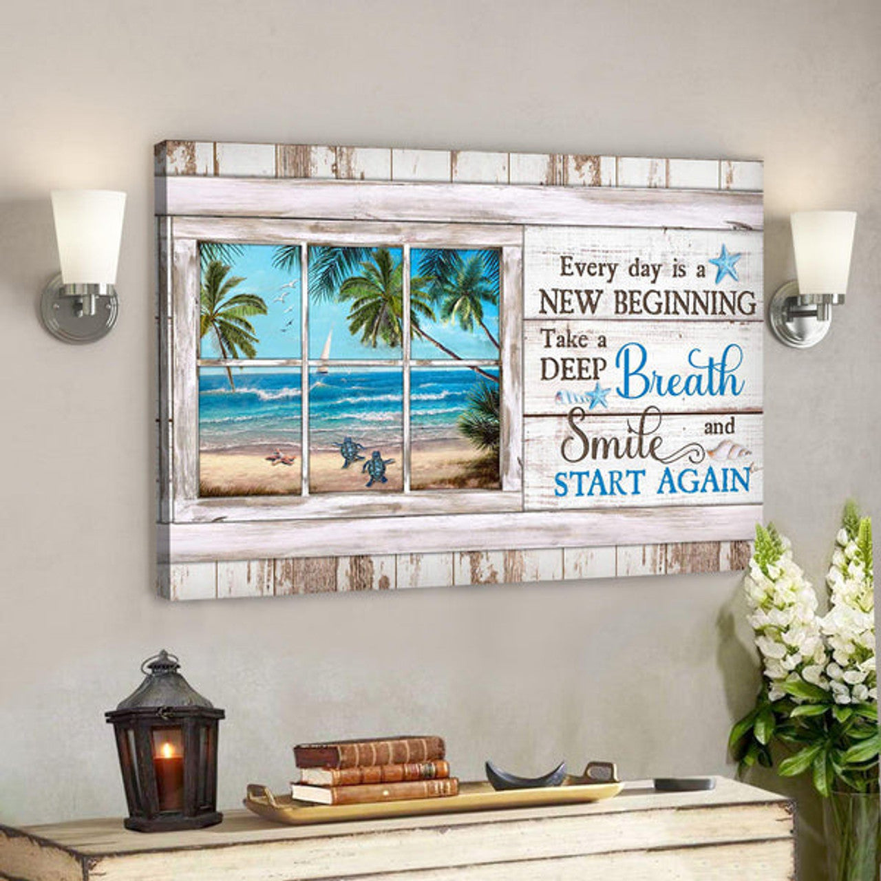 Turtle With Beach Landscape - Everyday Is A New Beginning Canvas Wall Art - Bible Verse Canvas - Scripture Canvas Wall Art 